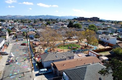 A birds eye view of Pogo Park’s Elm Playlot and its surrounding Richmond, California community. Photo by Pogo Park.