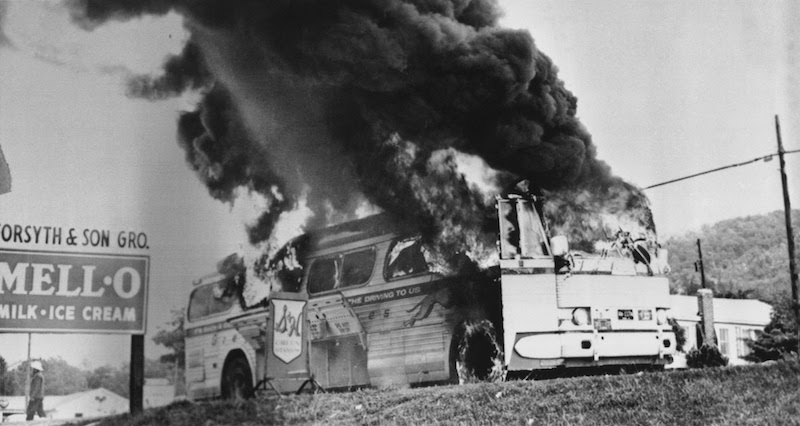 2 27 Joseph Postiglione. Firebombed bus outside Anniston Alabama. 1961