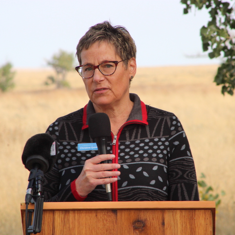 Christine Quinlan speaks into a microphone at a podium.