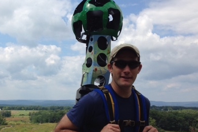 Kyle Shenk wearing the Google Trekker. Photo by Kelly Ingebritson.