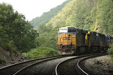 A CSX freight train carrying mixed freight through West Virginia. 