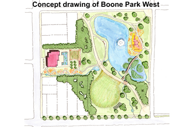 A concept drawing of Boone Park West—the final design will be determined through a community visioning process. Courtesy of Park Pride