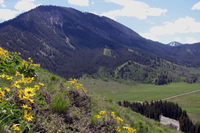 View of Hoback River (right) and Beaver Mountain from Poison Creek property. Photo by Luke Lynch/The Conservation Fund. 